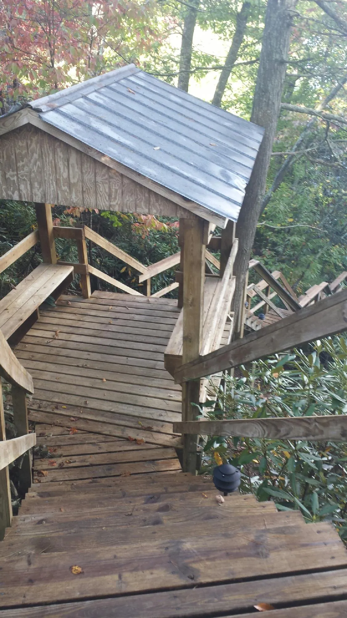 Metal roofed shelter over wooden steps on a wooded walkway — Skylight Repair & Installation work by our crew in Newville